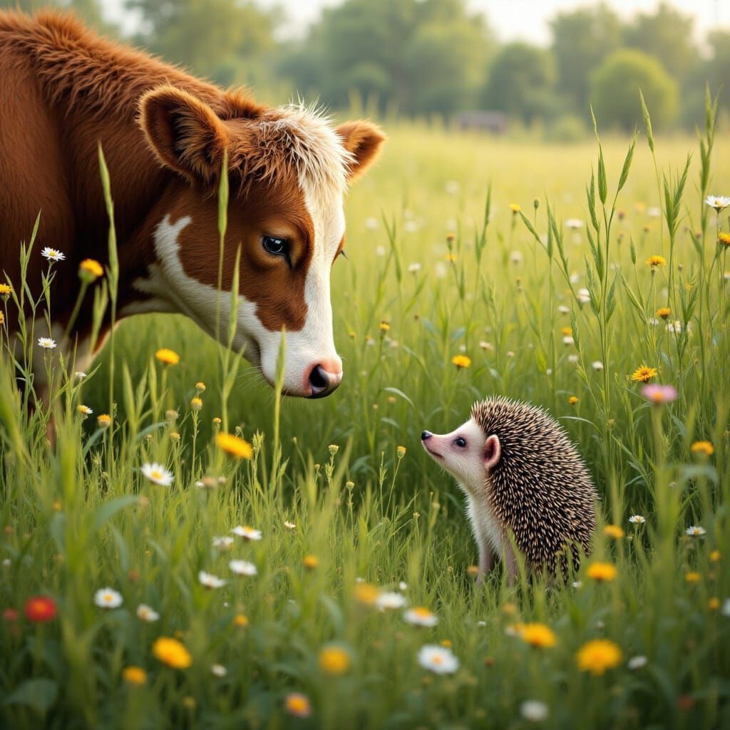 A cow lowers its head to meet a small, prickly hedgehog who looks up at the cow. In the tall, swaying blades of high grass, verdant green an...