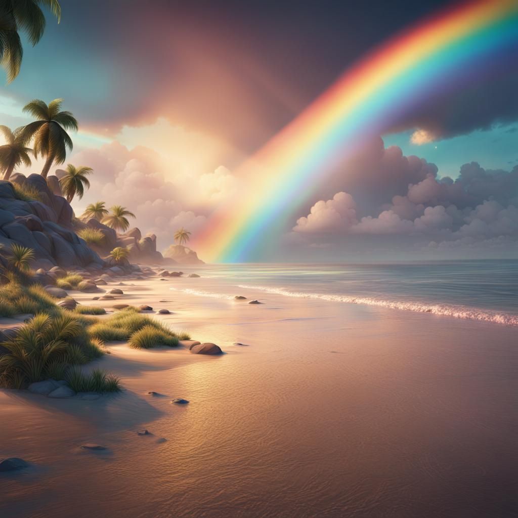 AN ABSTRACT BEACH WITH RAINBOW SKY