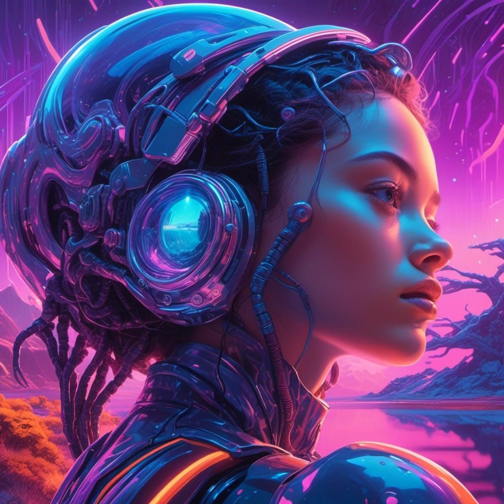 <lora:Bonbon Panic XL:1.0>
Candy sci-fi. Double exposure. Side profile portrait of a beautiful female cyborg. a colorful alien planet with h...