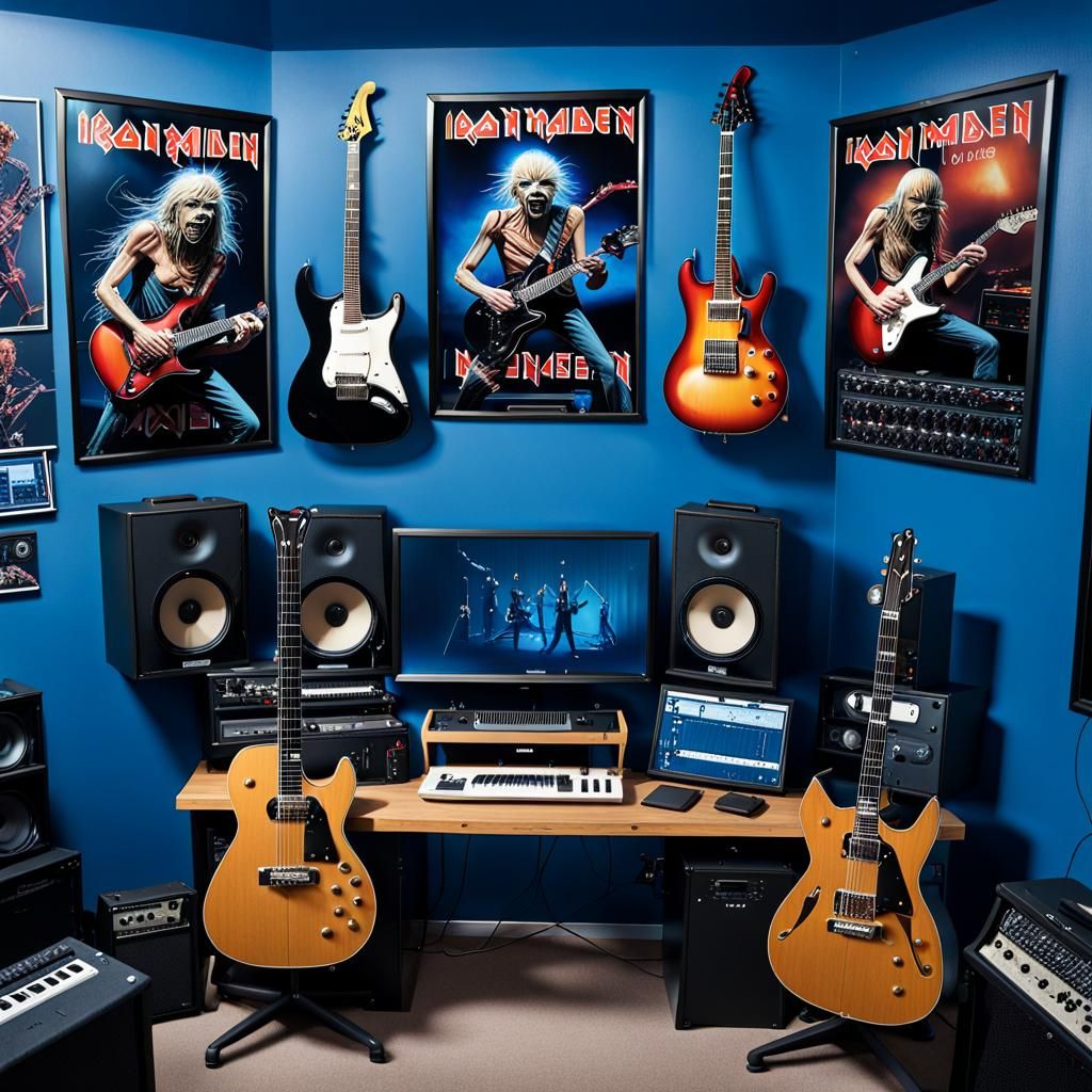 dual monitor computer, guitars hanging on wall, recording mu...