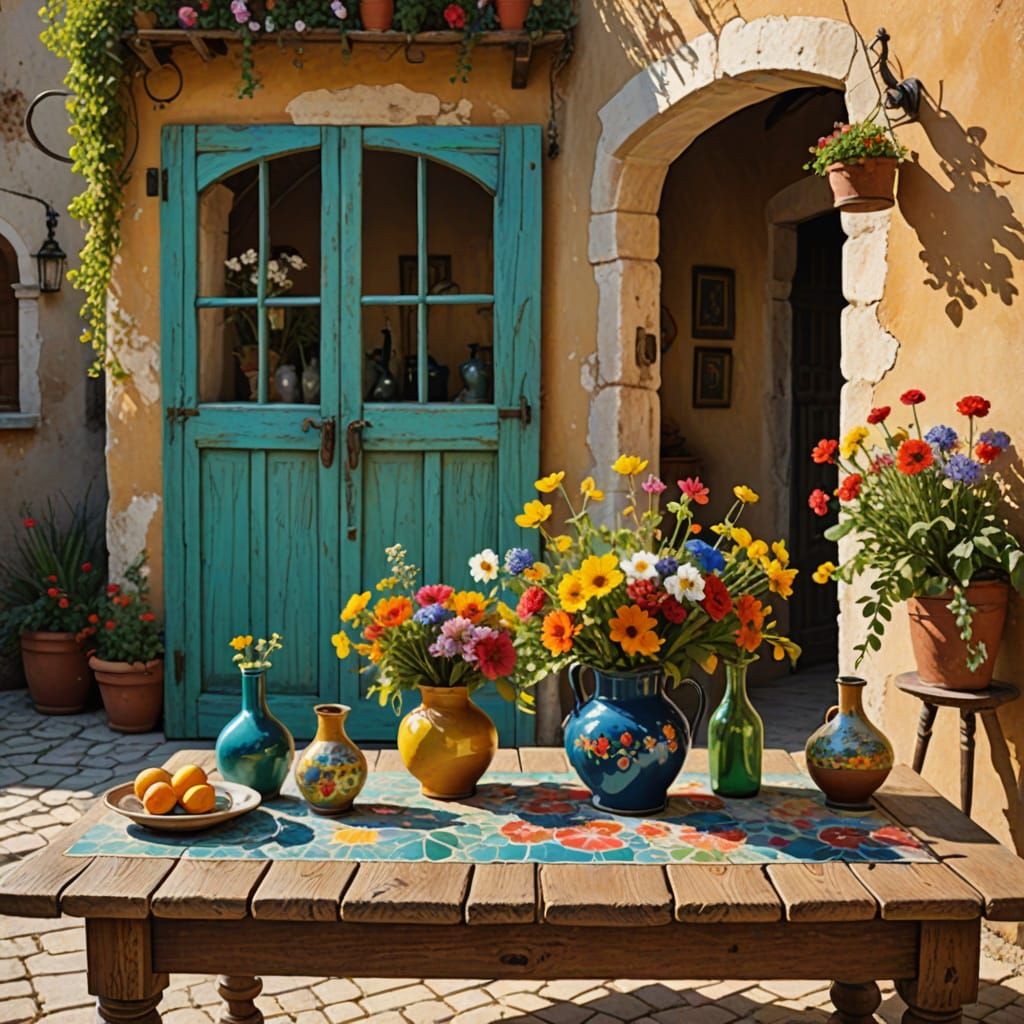 <lora:Beautiful women:1.0> <lora:Mediterranean flux:1.0> <lora:kak-artcollage:1.0> <lora:Ink Poet:1.0> Imagine a hidden courtyard bathed in ...