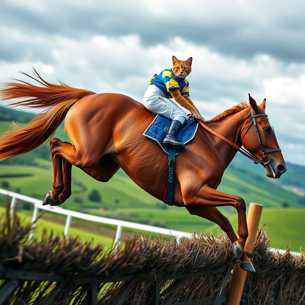 Cat jockey and horse jumping over a fence.