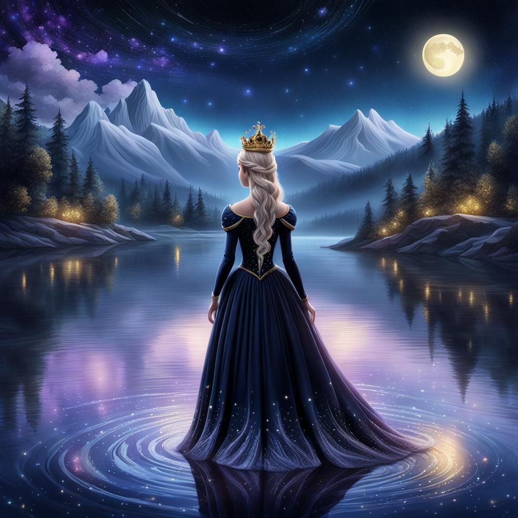 Beautiful princess in black dress, golden crown with amethyst gems, standing by a beautiful lake underneath a beautiful night sky.