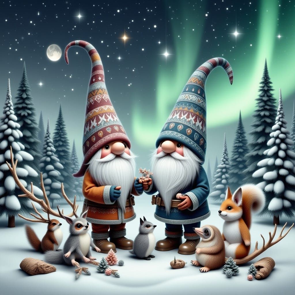 <lora:Scandic Gnomes:1.0><lora: nordic gnomes a male and a female, in a snowy winterscape, feeding Animals living in the forest, at the impr...