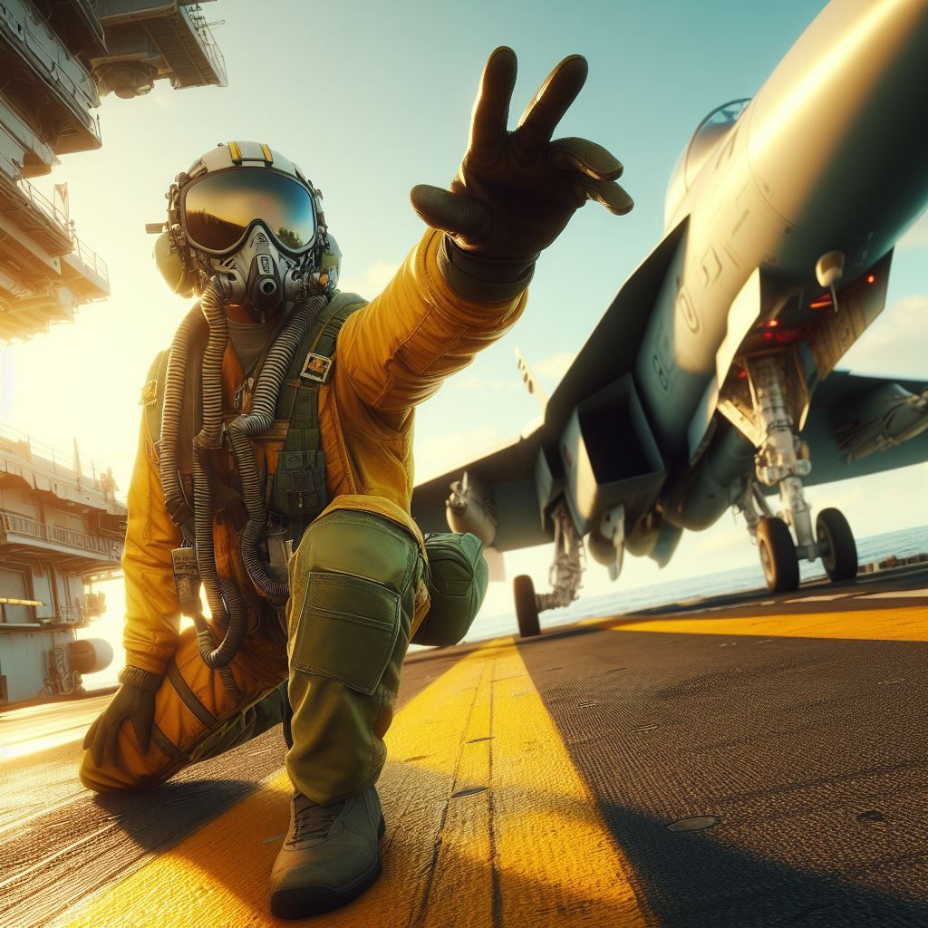 A pilot signaling to a fighter jet on an aircraft carrier