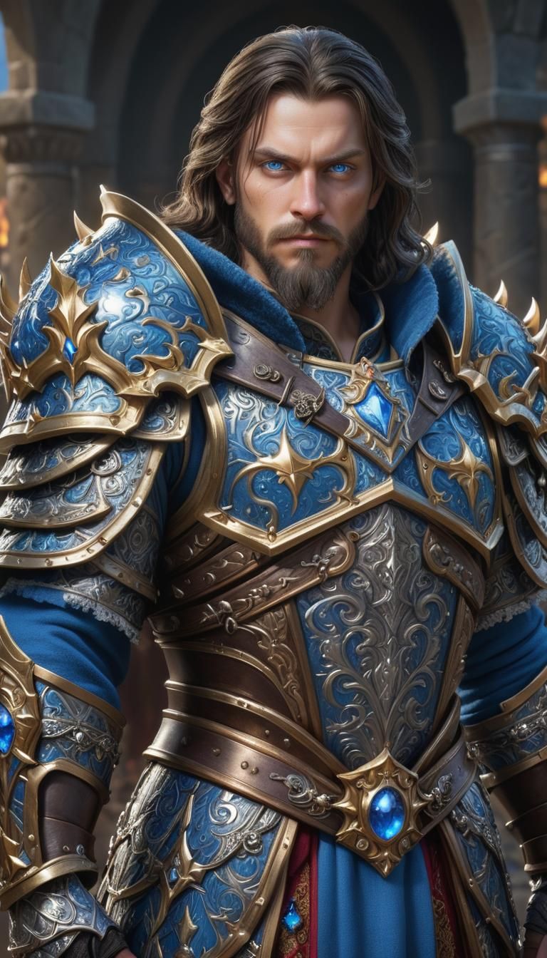 a 32 years old human king. Dark shoulder-length hair with crown. Beard. Athletic. An aura of wisedom. Powerful blue eyes. Wearing intricatel...