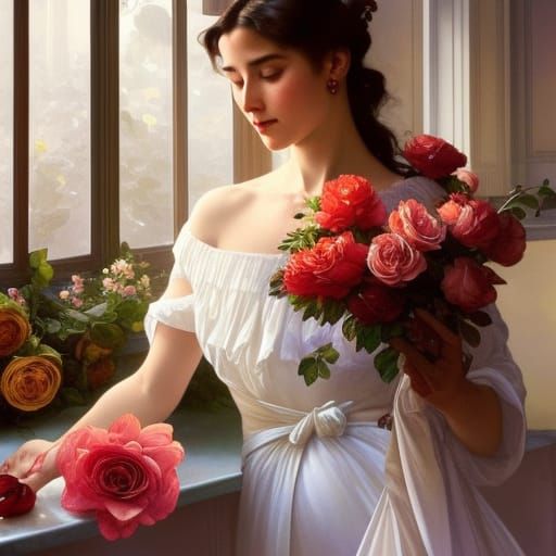 A bouquet of roses laying on the kitchen table glistening from the sun shining through the kitchen window ...  by @Rhyder