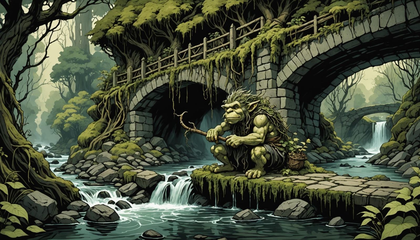 A moss-covered troll hides under a stone bridge spanning a rushing river, its gnarled fingers clutching ...  by @Mr Classics