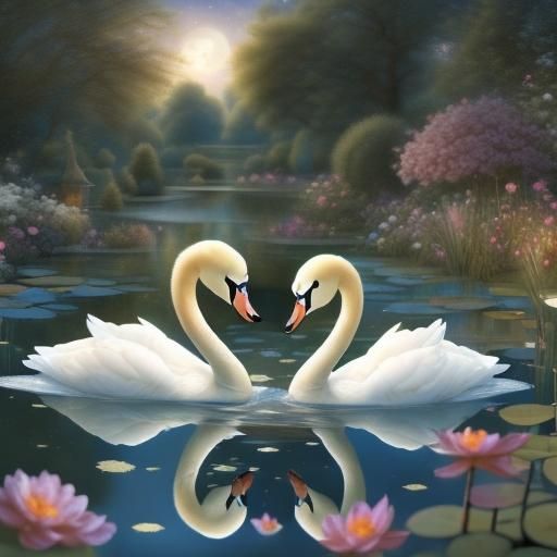 Lovely pair of mute swans swimming in a beautiful garden pond at midnight  <lora:Moonlight Garden:1.0> enhanced CGI render