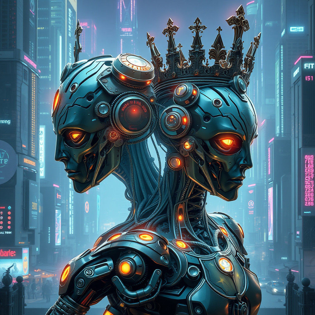 AI Royalty Fusion in Retrofuturistic Cityscape