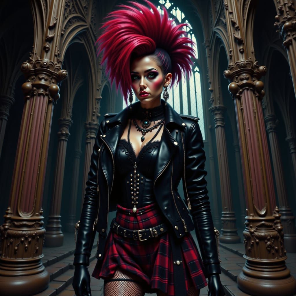 <lora:Big Hair Test Run:1.0> big hair, Head-to-toe image of the Queen of hearts, dressed in a black leather jacket, fishnet gloves, and a ta...