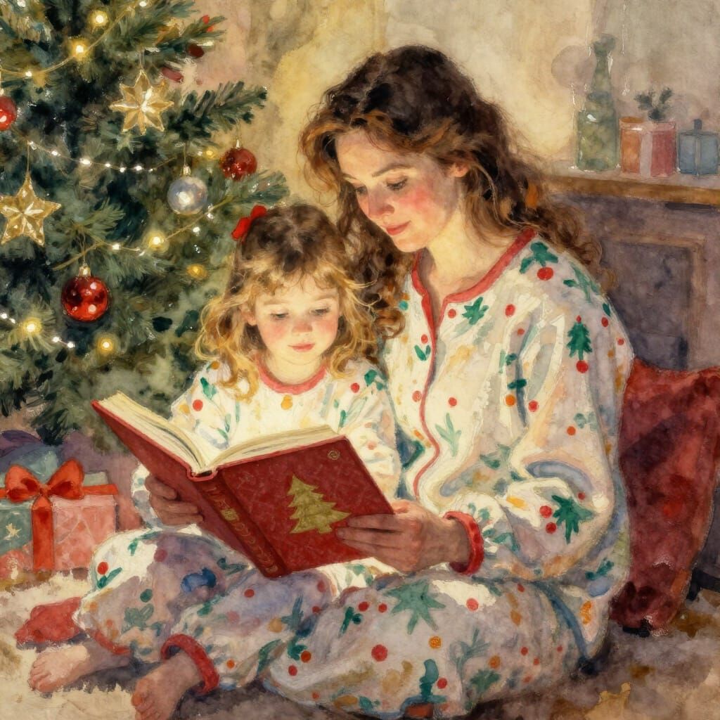 A Mum reading a Christmas story to her daughter on Christmas Eve. Both in their Christmas pjs. Warm evening ...  by @Laurens-Corner