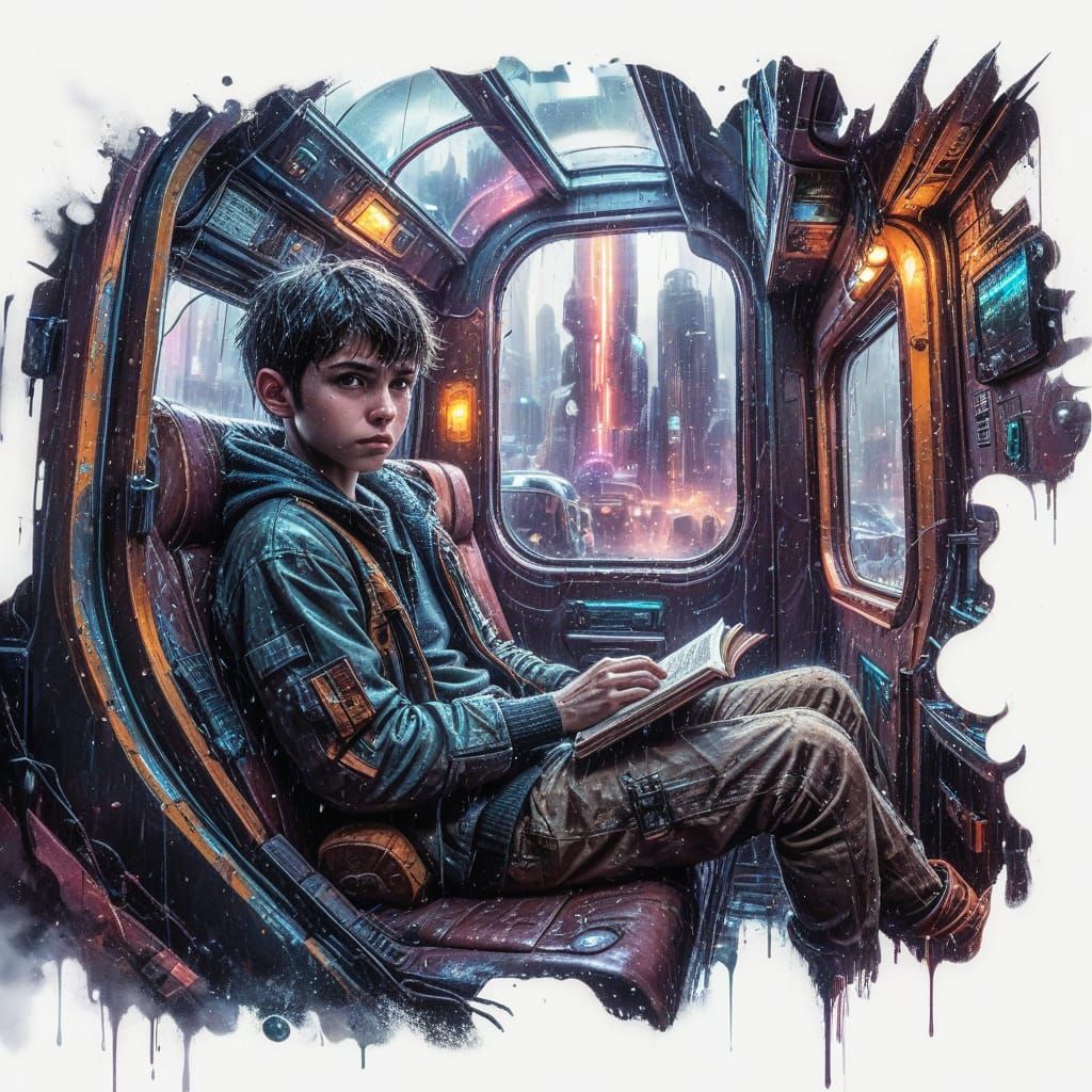Boy on Cyberpunk Train 🚆📖