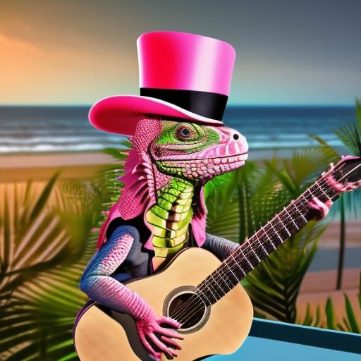 pink iguana sitting in a bar by the beach  at sunset playing the guitar steampunk wearing a top hat high ...  by @Edward stacks