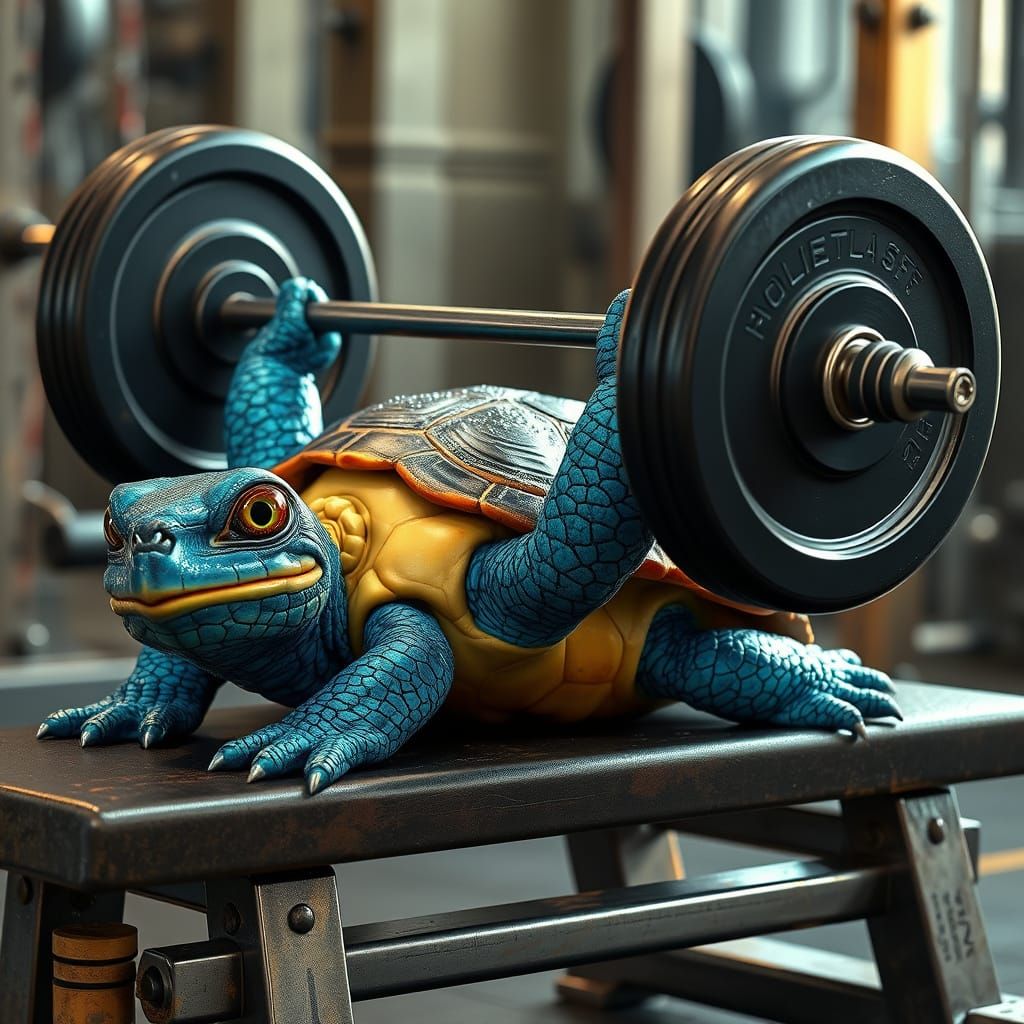 A bulging-eyed turtle is on its back on a gym bench, lifting a barbell.  by @undefined