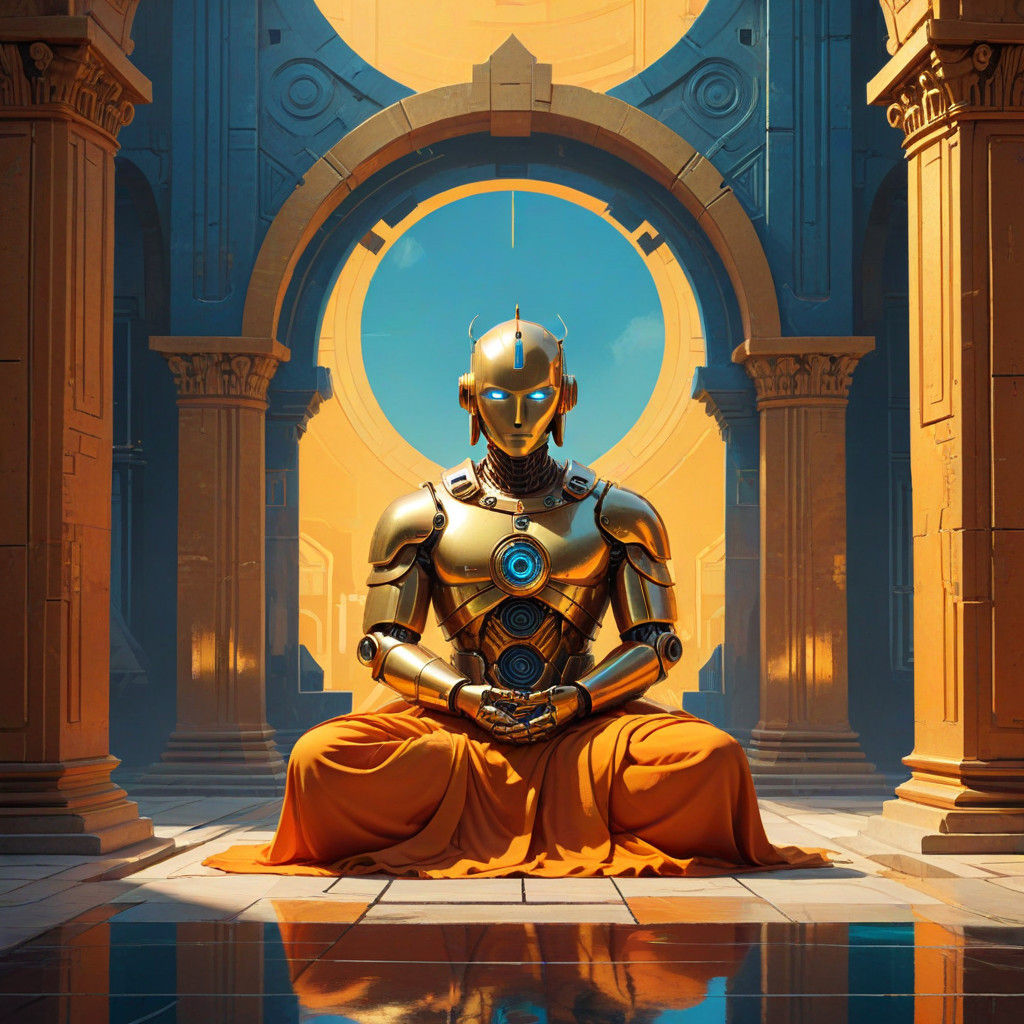 Futuristic Robot Meditates in Harmony with the Temple