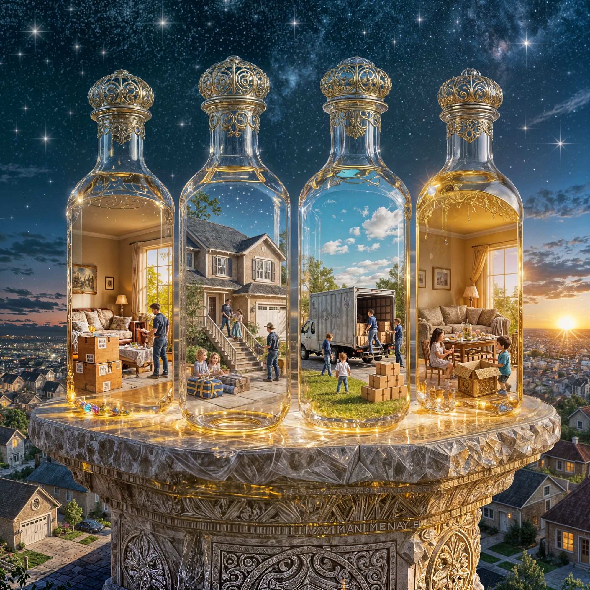 Four ornate crystal bottles on glowing stone under golden twilight, each holding a luxury moving-day world. 1: Movers packing family heirloo...