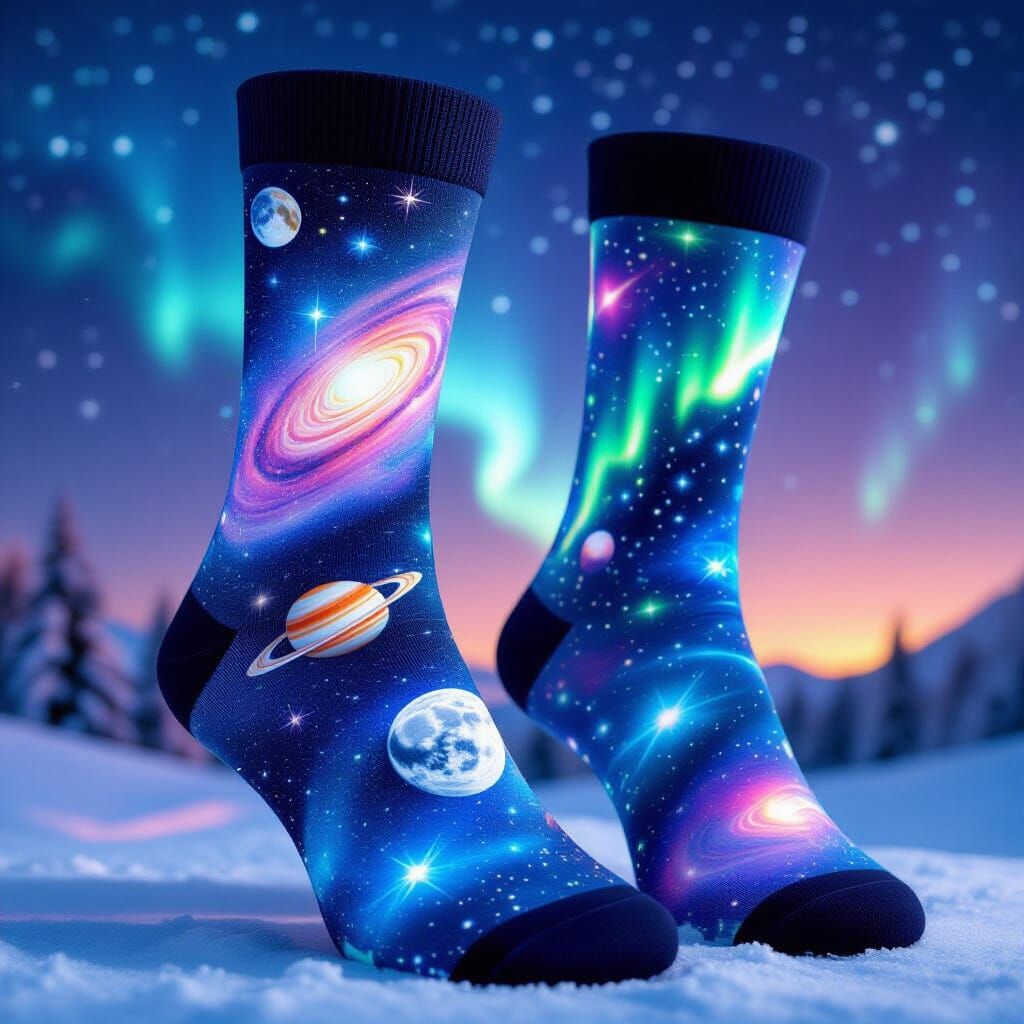 Space socks with designs of a galaxy and northern lights  by @ELY M
