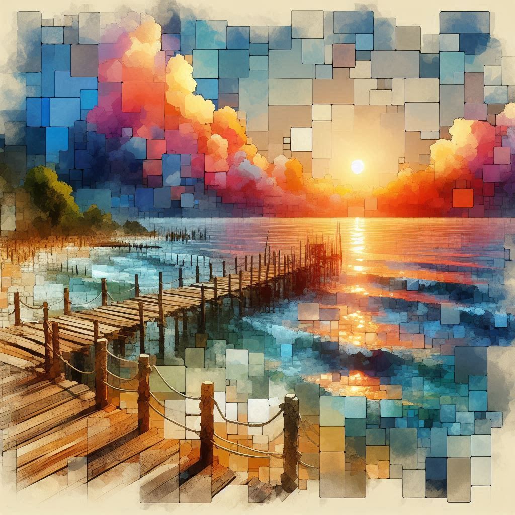 Seenlandschaft im kubistischen Stil Aquarell