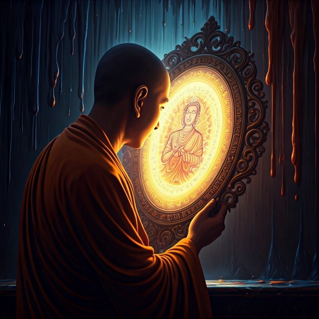 Buddhist Monk Contemplates Wisdom in Ethereal Light