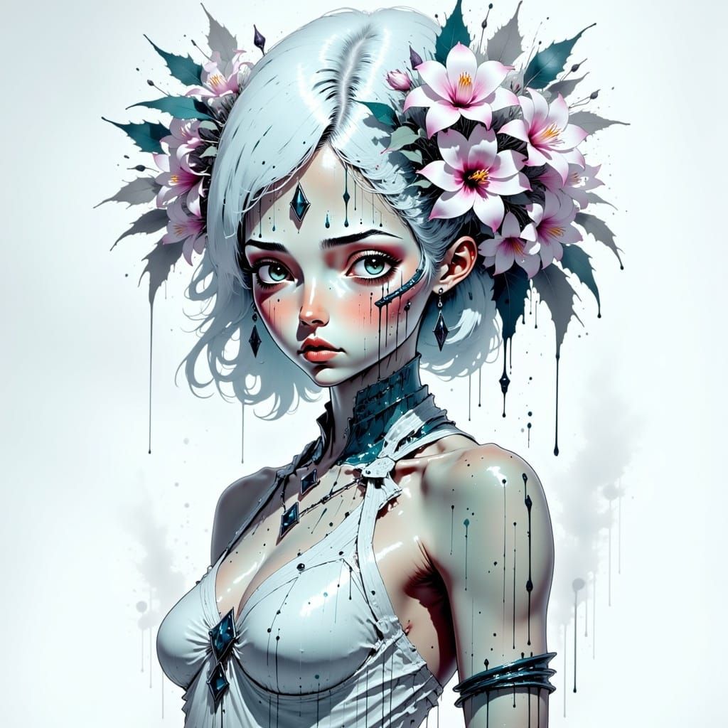 <lora:Ttogttog Ingkeu Fx:1.0>, insane fashion photography beautiful young woman serene futuristic Cyberqueen translucent skin robotic head s...