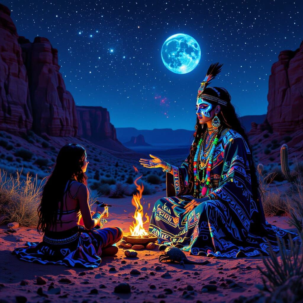 blacklight blueprint, ultraviolet dramatic lighting and color play, glowing,x-ray antimatter illusion, a mexican pagan high priestess in exo...