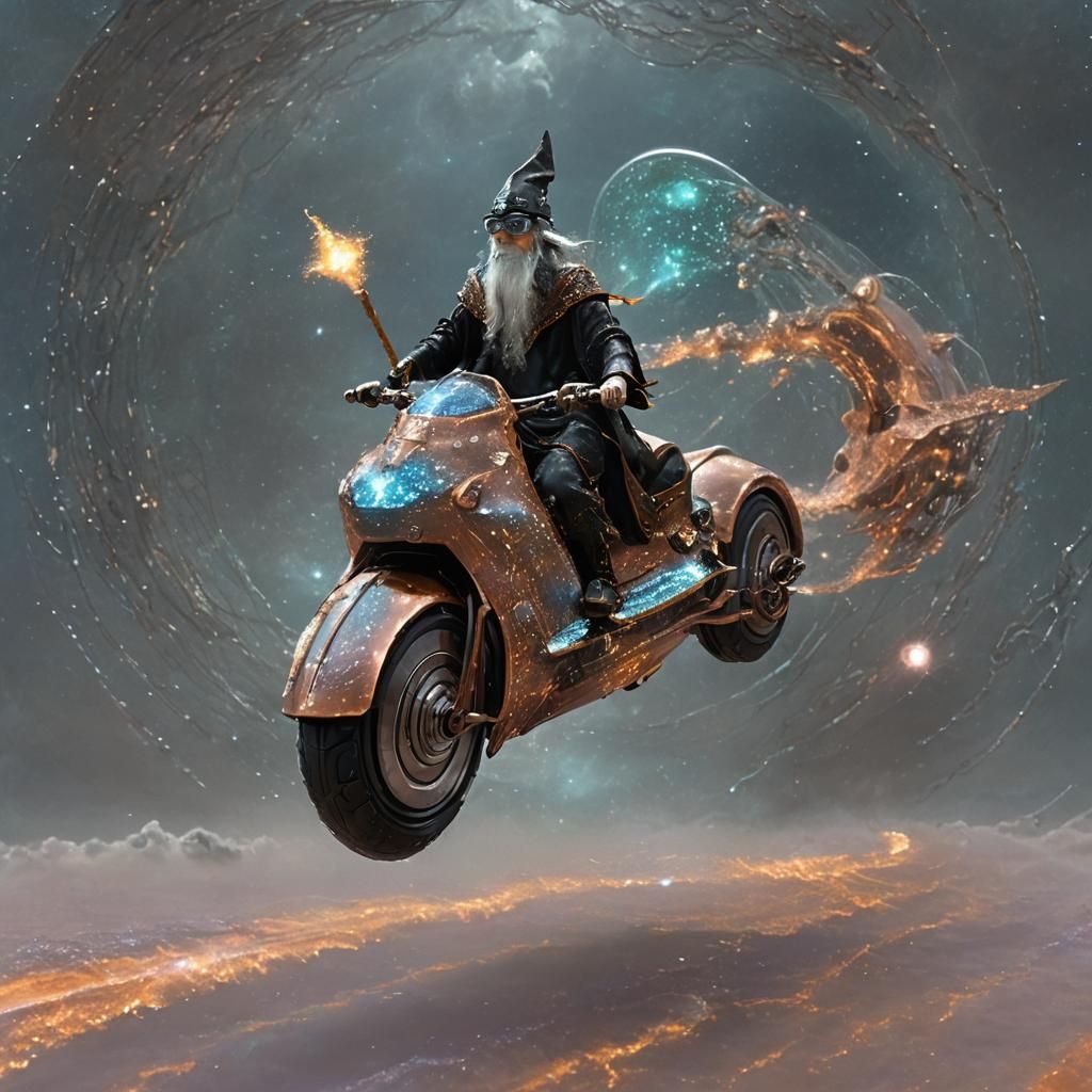 A wizard riding a futuristic motorcycle.