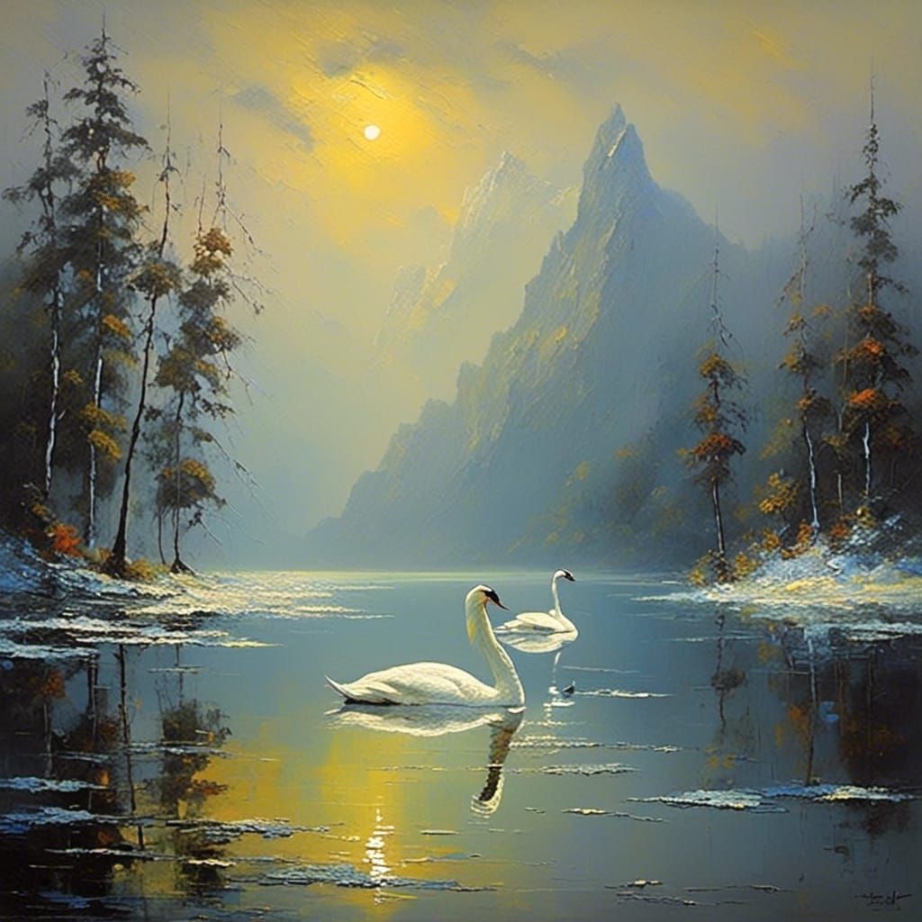 <lora:Impasto1:1.0> (majestic_swan)(ethereal_lake_between_th...