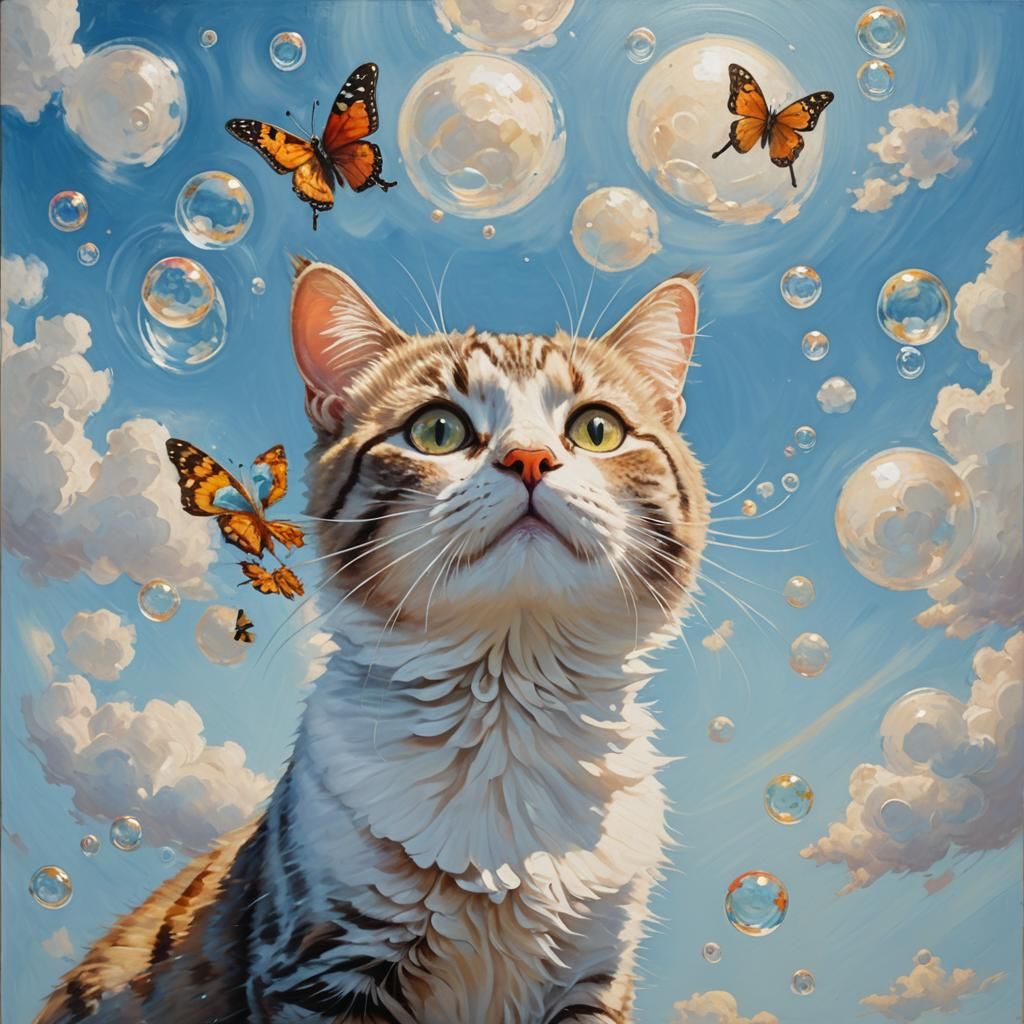 Cat eith butterfly on nose. Bubbles surrounding it with clear blue sky