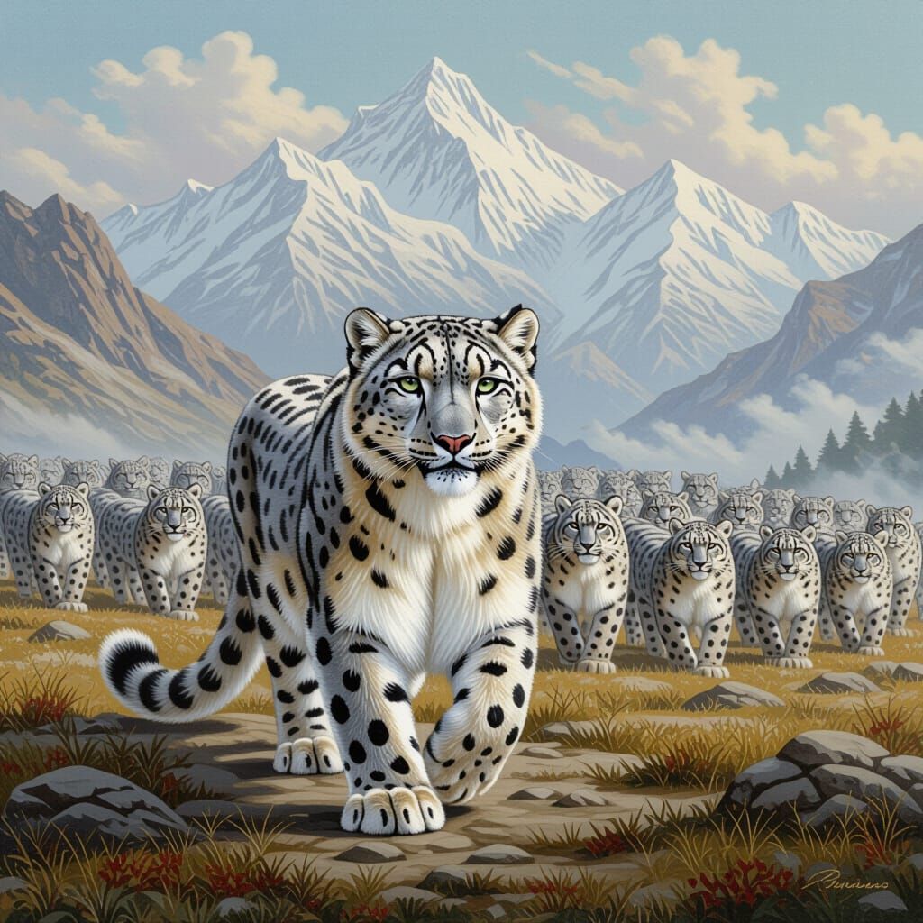 Snow Leopard King Leads Majestic Pride in Misty Mountains