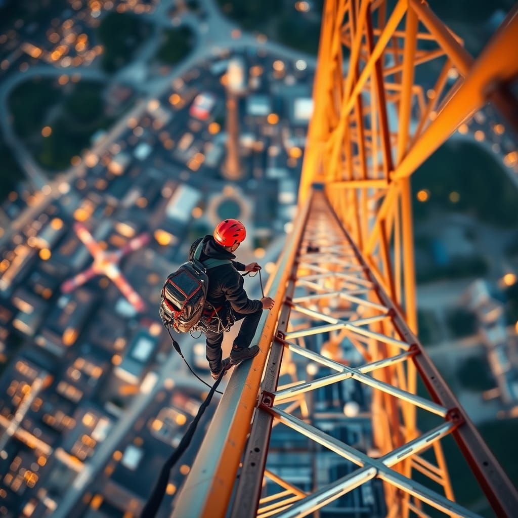 birds eye view of a tower climber at the top of a 1500 foot tower 
  by @Hereami