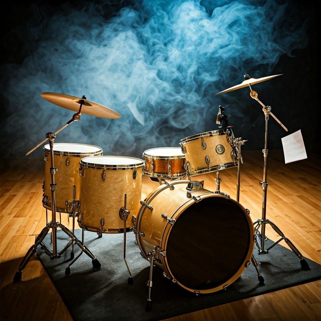 Luxurious Drum Kit in Cream and Gold, Illuminated by Soft Li...