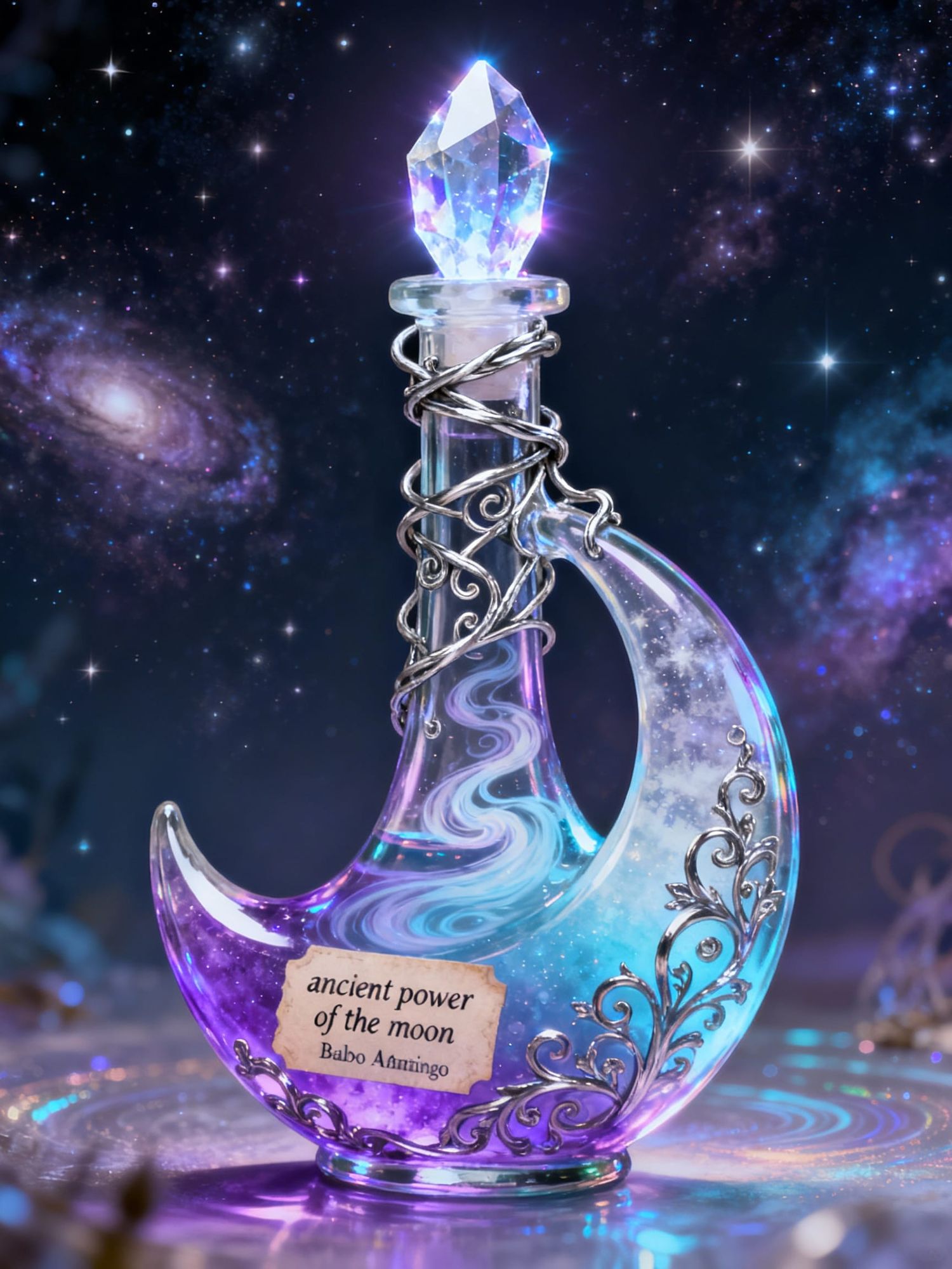 The potion bottle is slender and crescent-shaped, made from glass that shifts color depending on the angle of the light—sometimes violet, so...
