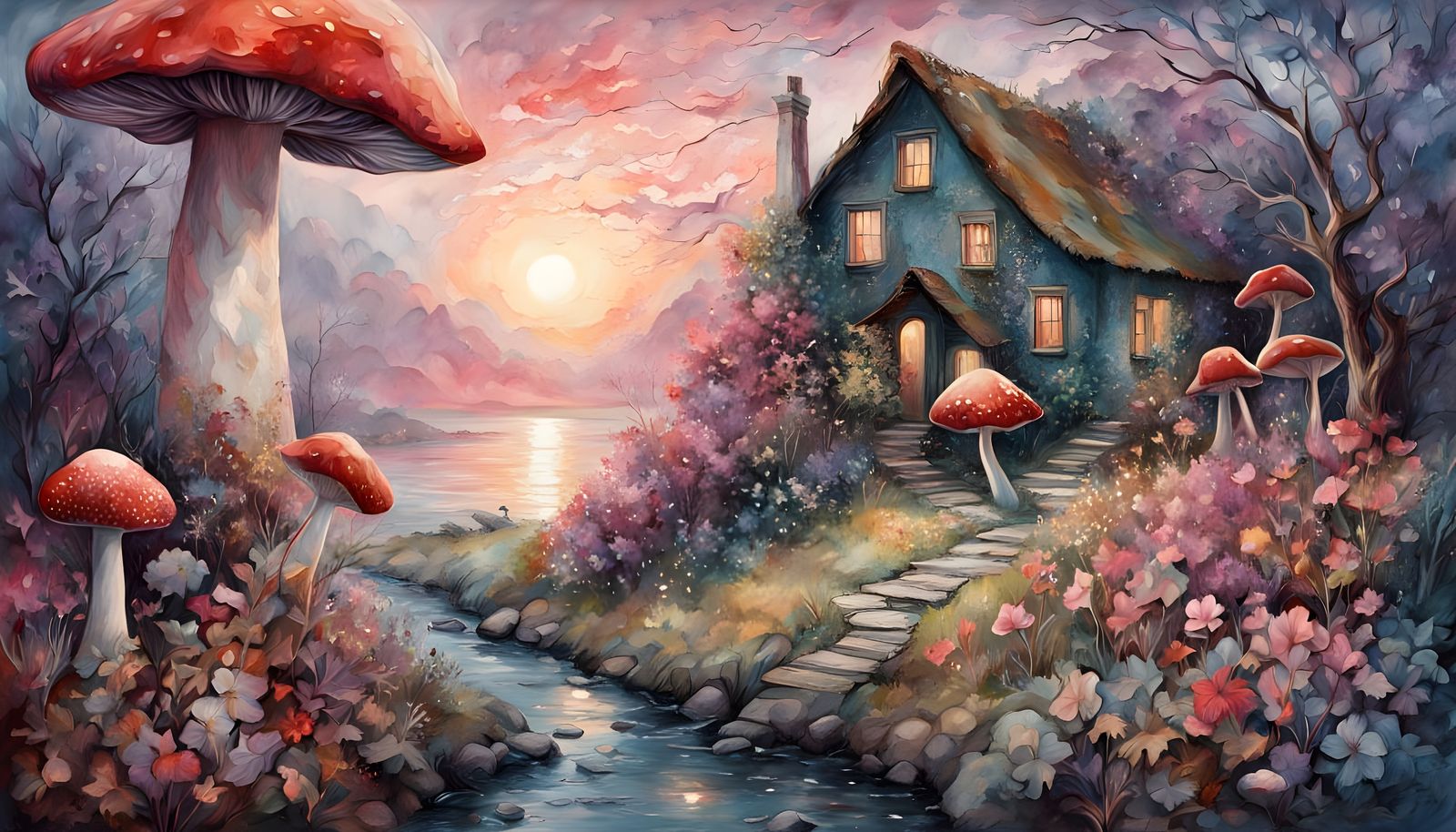 Mystical Mushroom Forest at Sunset