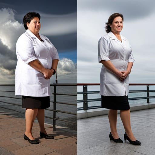 imagine an obese woman in her forties, and the same woman after losing weight in a physician's white coat, before and af...