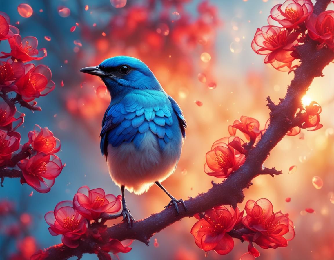 Blue bird on a red flowering tree  by @Hartmut