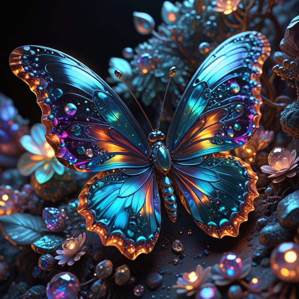 Surrealistic Masterpiece: Opal Butterfly in Radiant Bloom