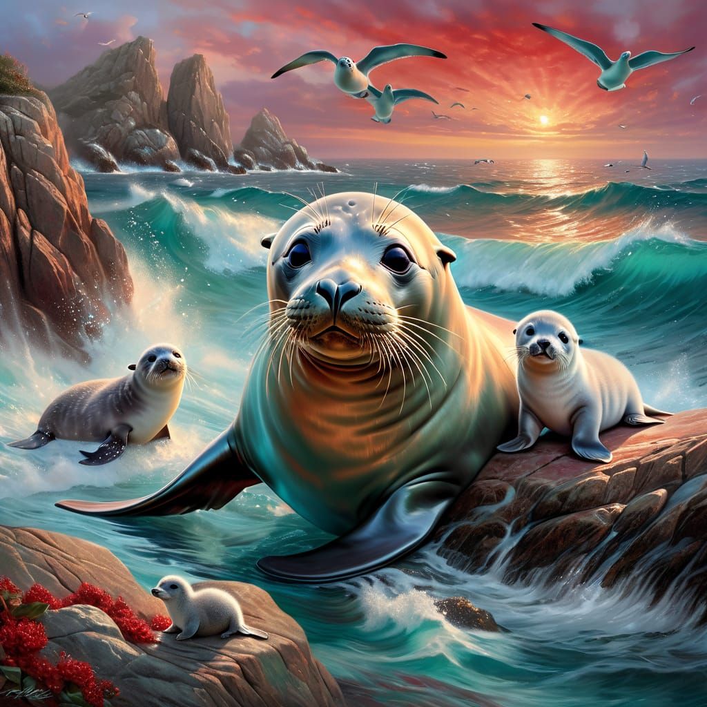 Beautiful Seal and her two baby Seal cubs