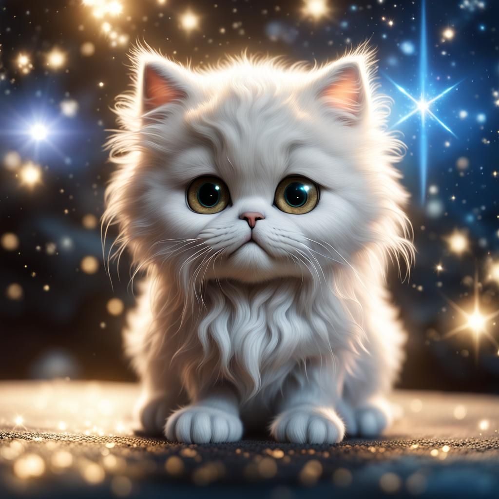 Cosmic Chibi Persian Cat Render in Photorealistic Style