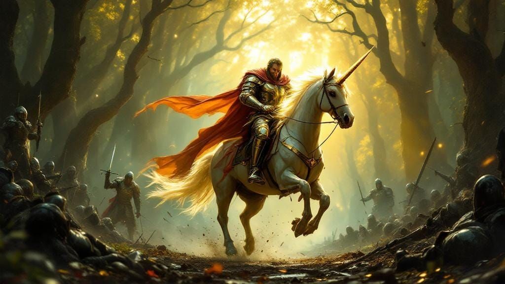 A hyperrealistic scene of a brave knight in gleaming, glowing armor, his face set with a fierce, determined expression. He rides a muscular,...