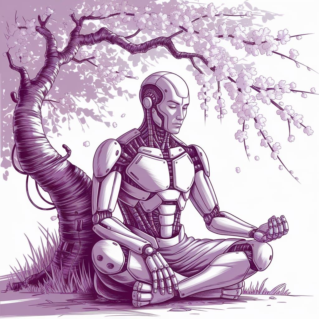 Cyborg Samurai Meditating: Detailed Pencil Sketch