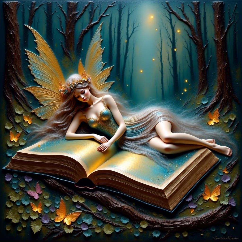 Gaussian electromagnetism Impasto, a sleeping fairy laying down on the cover of a magic book  in the misty forest, dense brush strokes, glit...