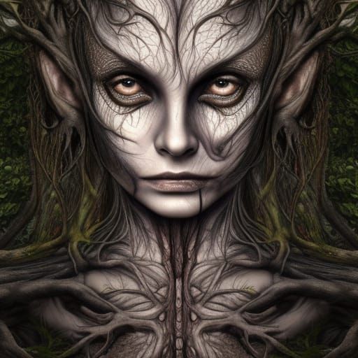 dryad, nightmare creature,tree spirit, and the torso of a woman, horror ...