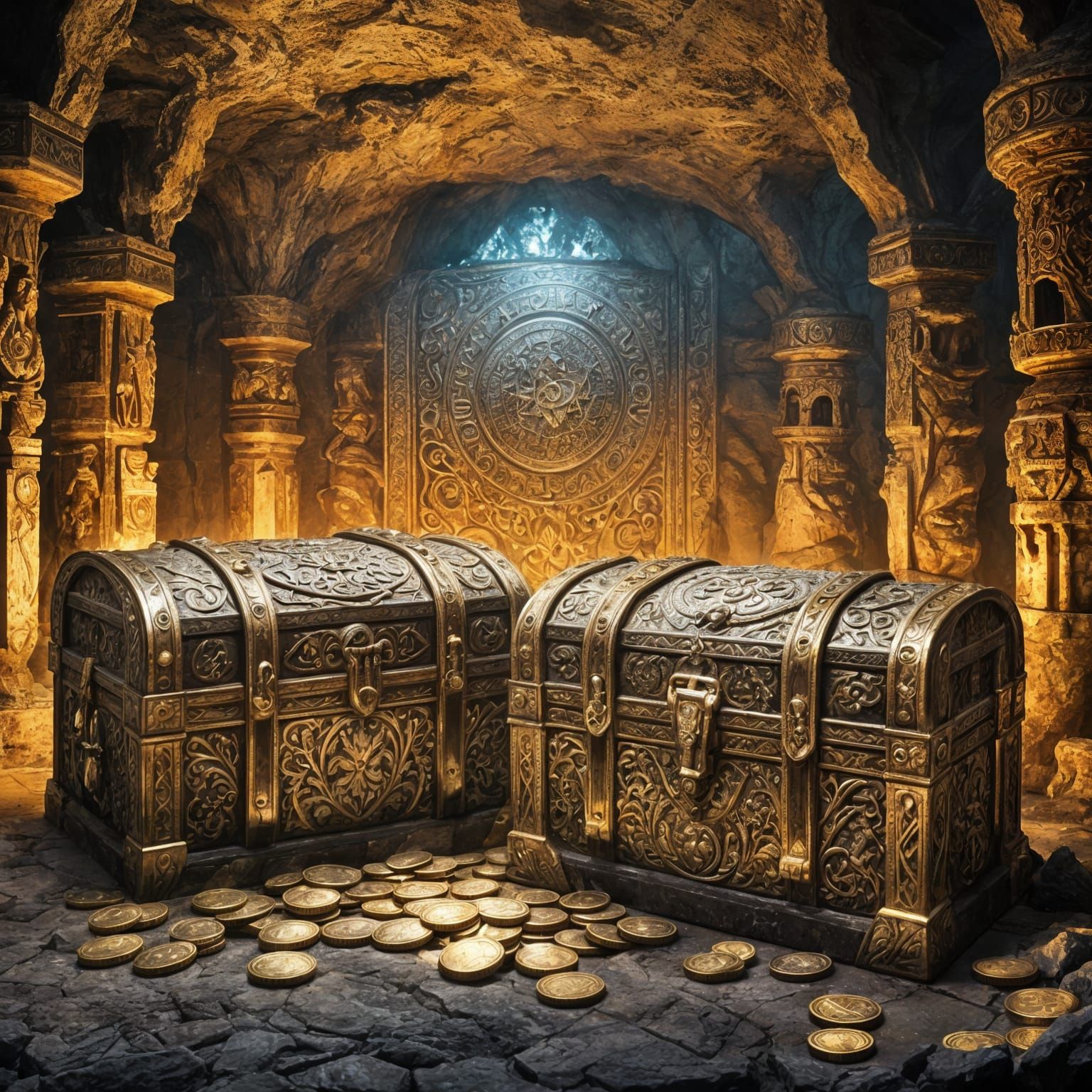(masterpiece, ultra-detailed, photorealistic fantasy art, cinematic lighting)
A row of ancient treasure ...  by @SEA1337