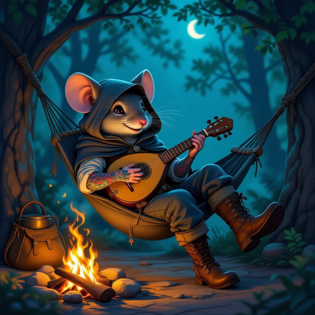 A highly detailed anthropomorphic mouse in worn clothing, a gray cloak on his back and head, boots on his feet, and tattooed arms. He lies i...