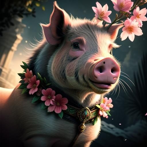 Pig on Scooter in Floral Fantasy Landscape