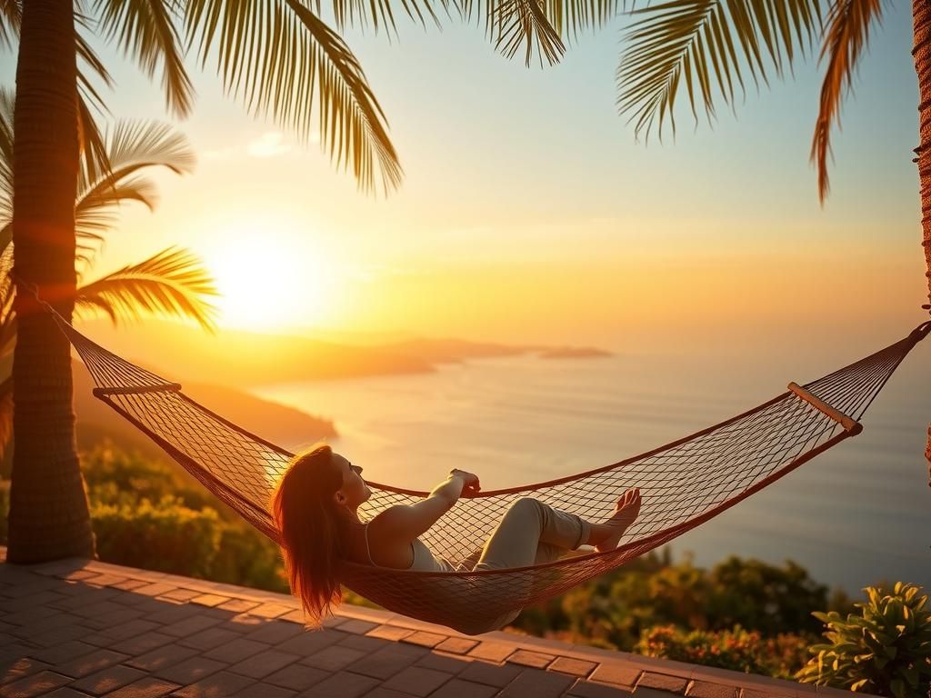 A hammock stretched out between two palm tress, a woman is relaxing lying in the hammock, beautiful summer sunset over the mountains and acr...