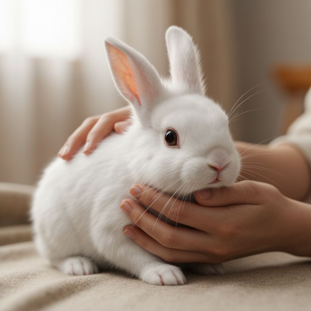 Realistic White Rabbit Held Gently by Tender Hands