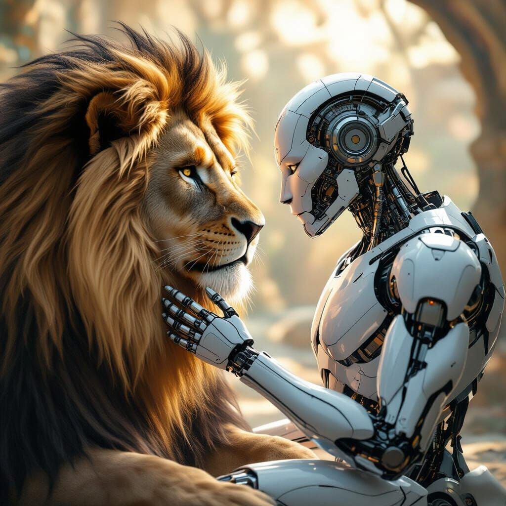 In a hidden sanctuary, a hyper realistic cinematic ultra realistic cyborg and a lion form an unlikely friendship, sharing a moment of quiet ...