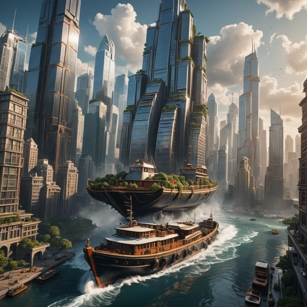 A boat with skyscrapers built on the top  ultra realistic hi...
